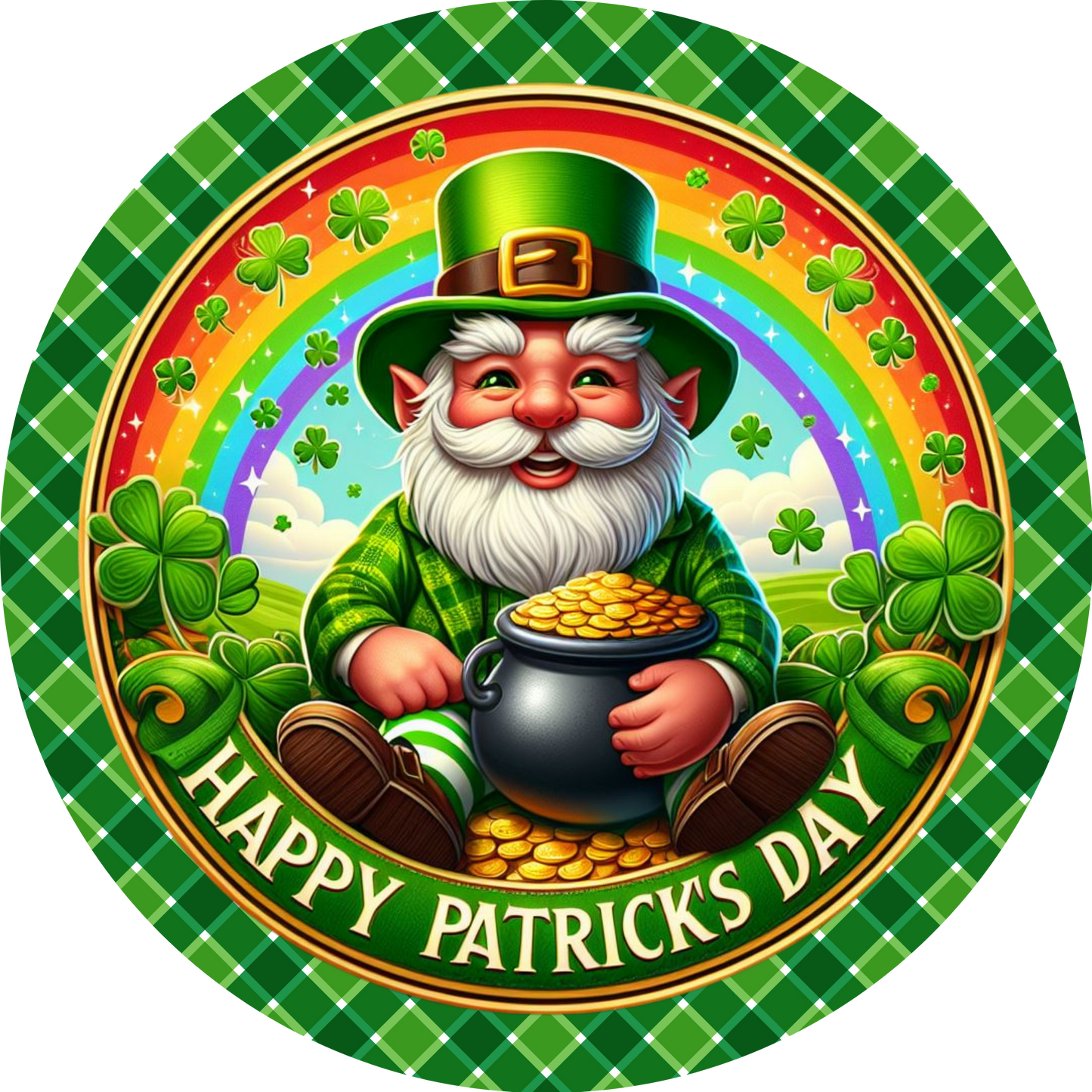 Happy St Patricks Day Leprechaun with his pot of gold- Round Metal Sign