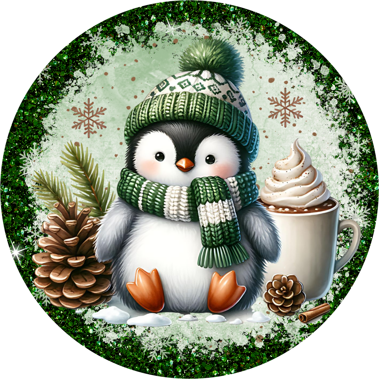 Green winter penguin metal wreath sign