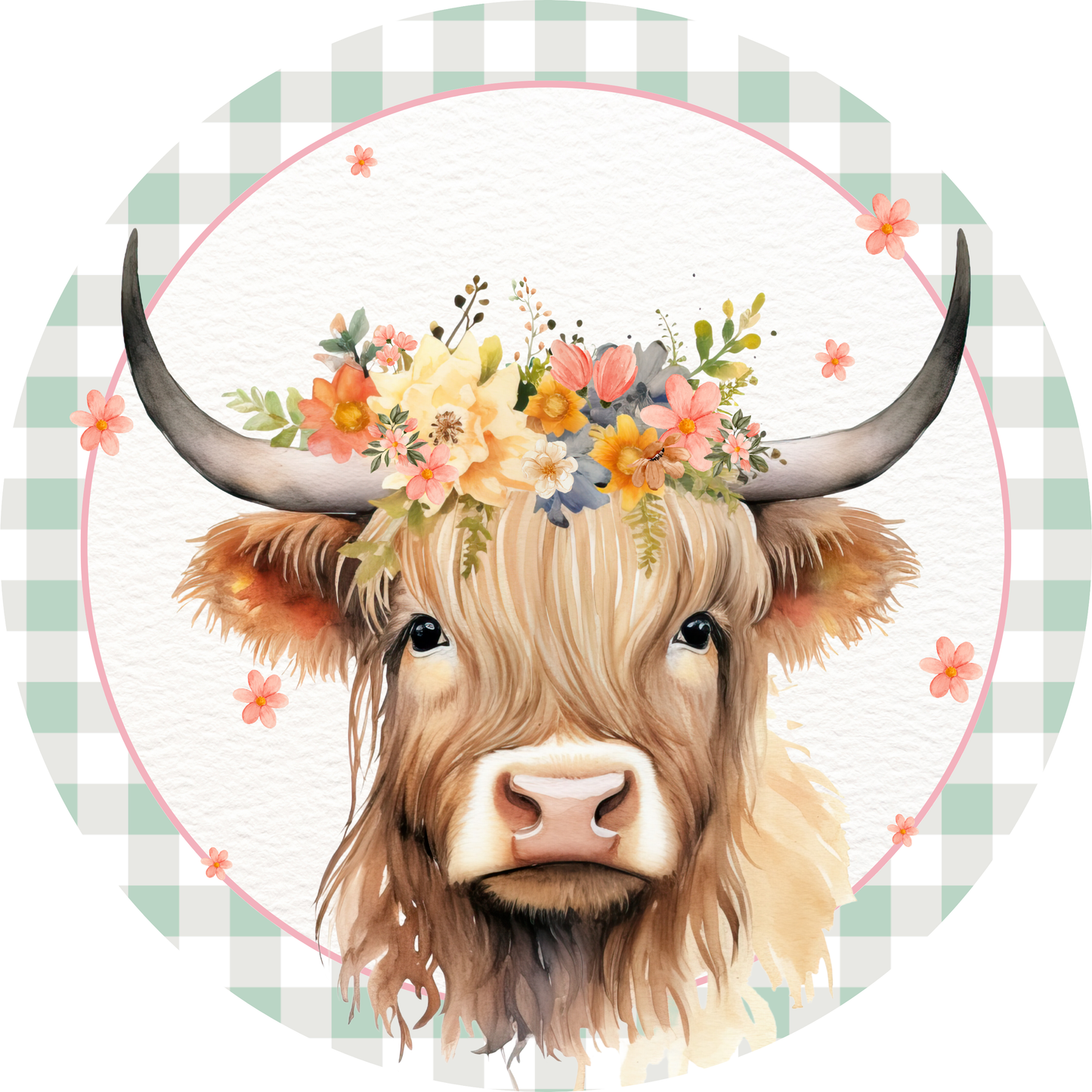 Floral Highland Cow Mint and Peach- Metal wreath Sign MS-1062