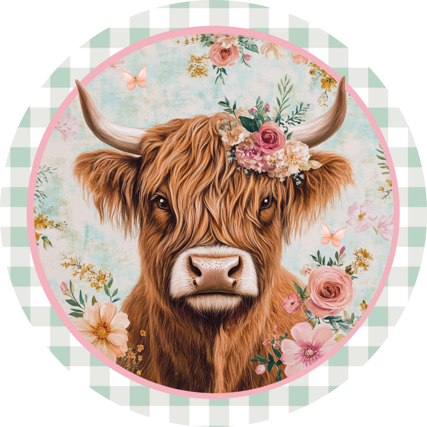 Floral Highland Cow Mint and Peach- Metal wreath Sign MS-1063