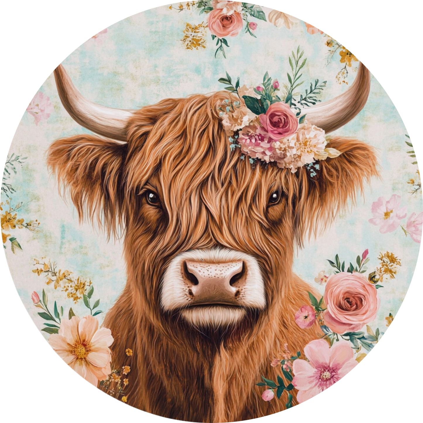 Floral Highland Cow Mint and Peach- Metal wreath Sign MS-1064