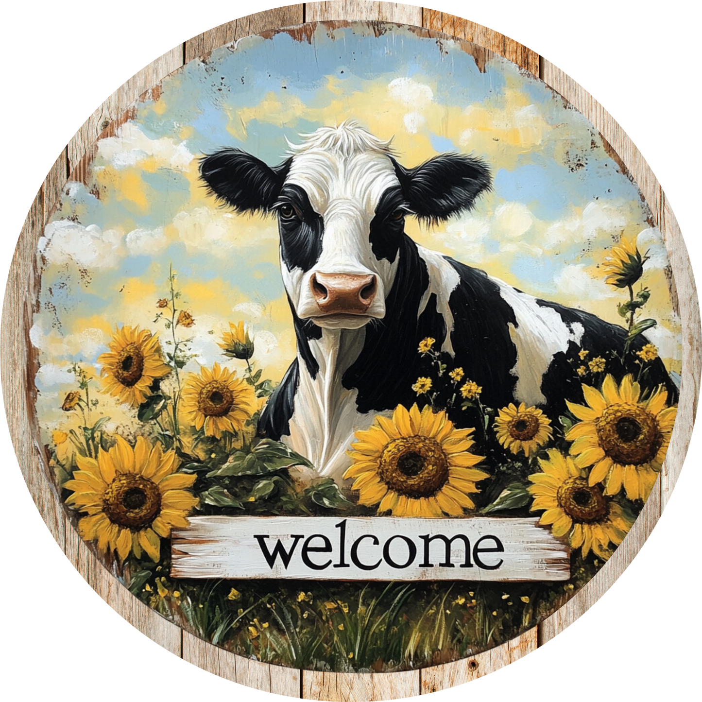 Welcome Sunflower Cow- Metal wreath Sign MS-1081