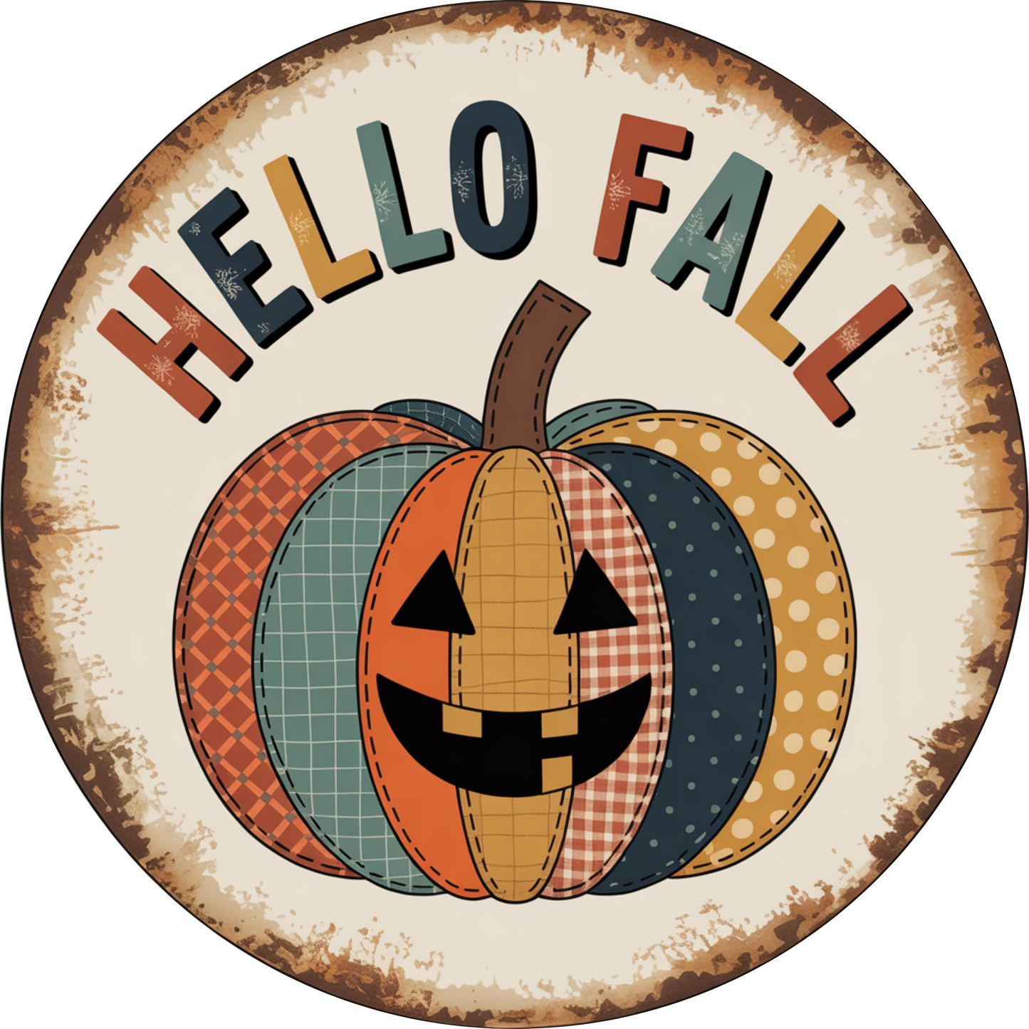 Hello Fall Quilted Pumpkin- Metal Fall Wreath Sign MS-1697