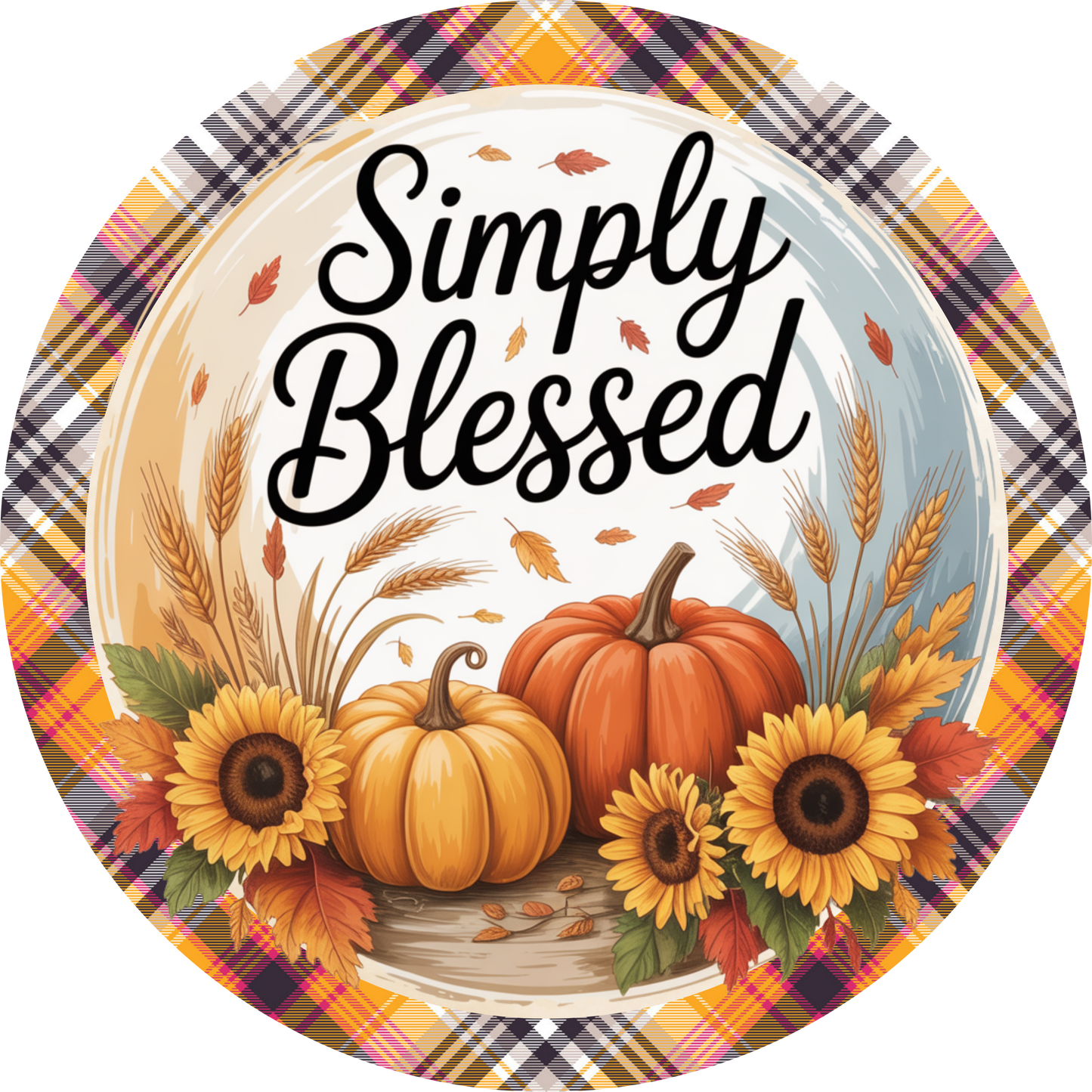 Simply Blessed Fall Pumpkins and Plaid - Metal Fall Wreath Sign MS-1713