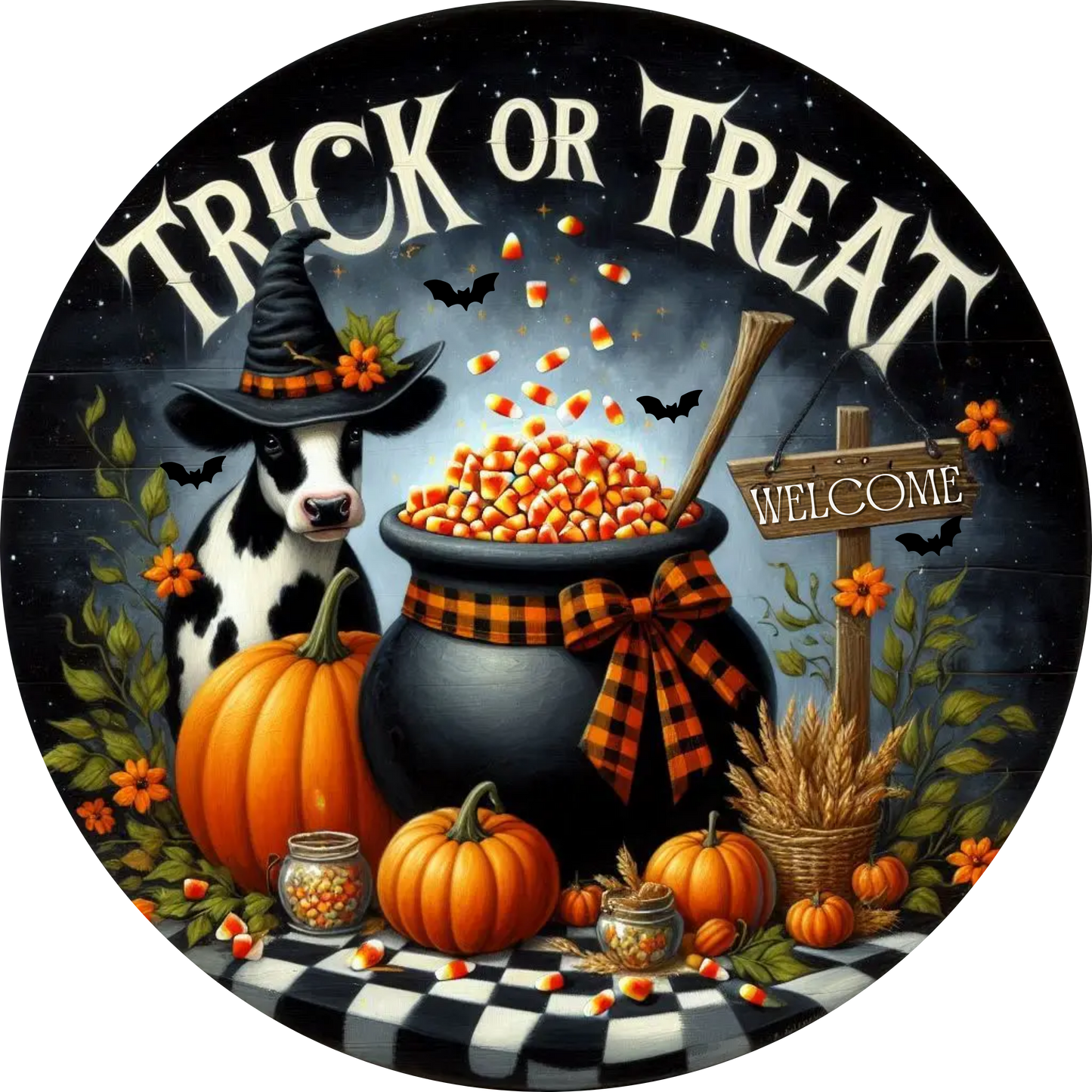 Trick or Treat Candy Corn Cow Halloween Wreath Sign MS-1718