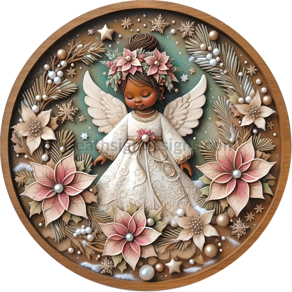African American Winter Angel And Poinsettias Round Metal Wreath Sign 6’ Decor