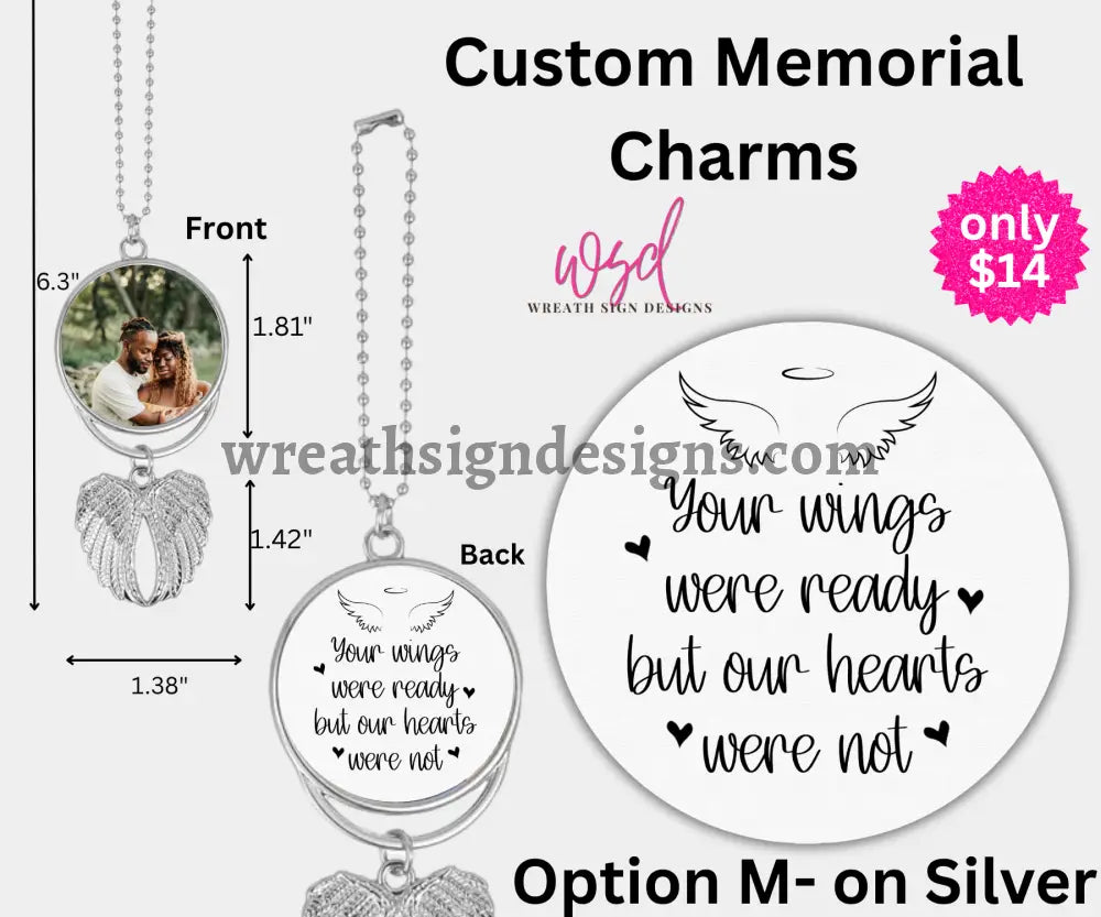 Angel Wings Memorial Charm with chain- Remembrance Keepsake Gold Alloy / Double Photographs- Front and Back
