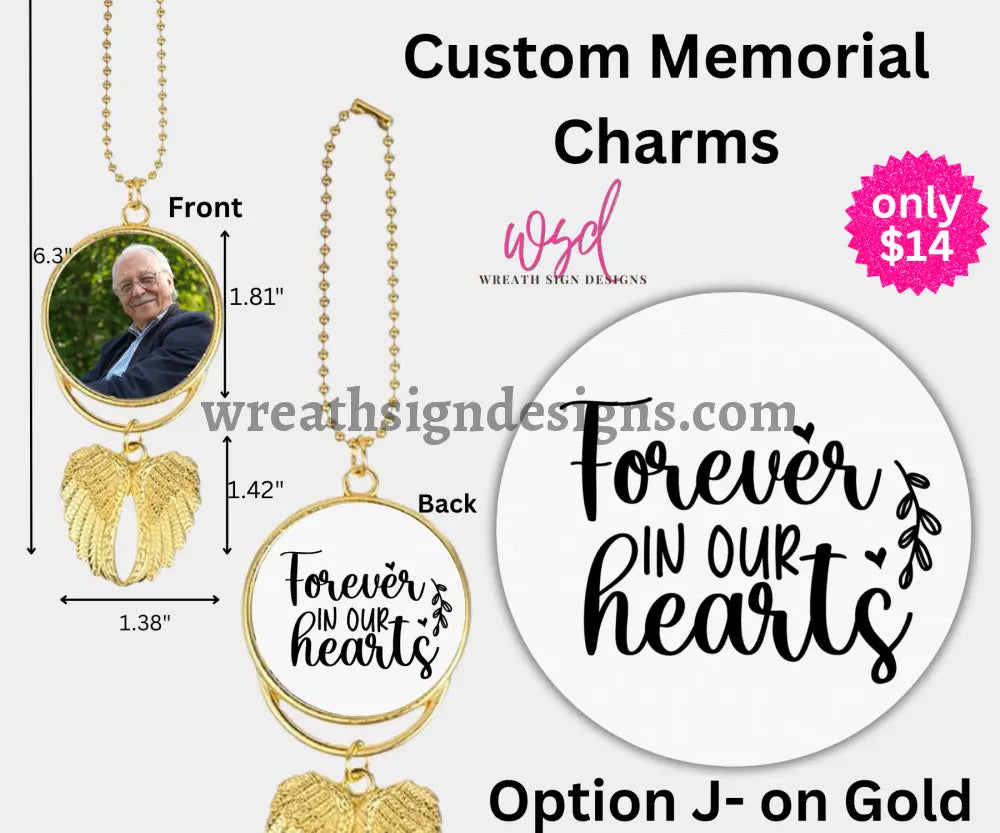 Angel Wings Memorial Charm with chain- Remembrance Keepsake Gold Alloy / J- FOREVER IN OUR HEARTS