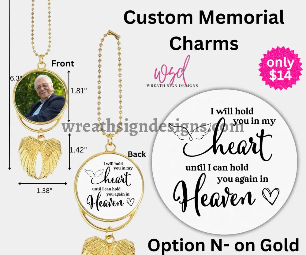 Angel Wings Memorial Charm with chain- Remembrance Keepsake Gold Alloy / N- I will hold you in my heart until I can
