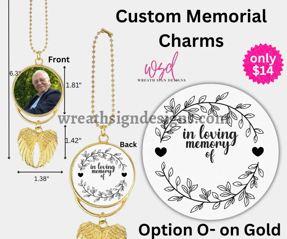 Angel Wings Memorial Charm with chain- Remembrance Keepsake Gold Alloy / O- in loving memory