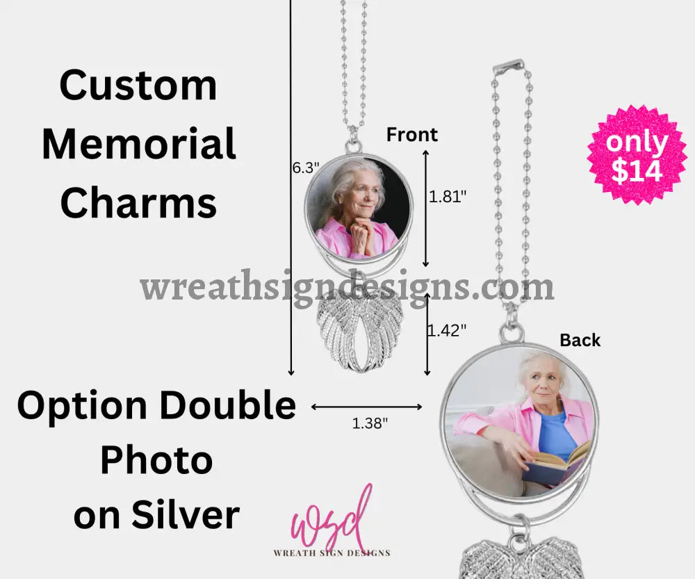 Angel Wings Memorial Charm with chain- Remembrance Keepsake Silver Alloy / Double Photographs- Front and Back