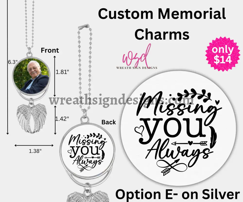 Angel Wings Memorial Charm with chain- Remembrance Keepsake Silver Alloy / E - MISSING YOU ALWAYS