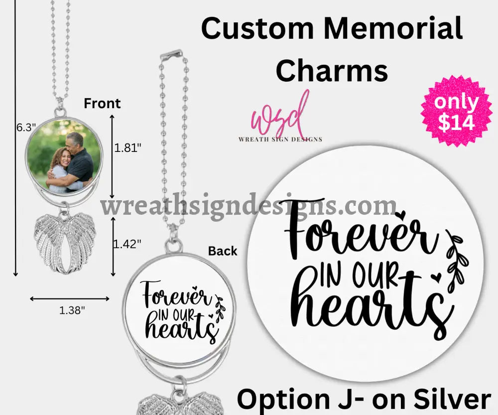 Angel Wings Memorial Charm with chain- Remembrance Keepsake Silver Alloy / J- FOREVER IN OUR HEARTS