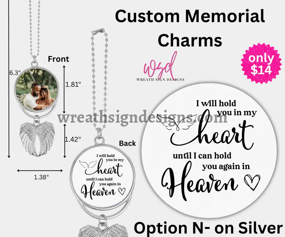 Angel Wings Memorial Charm with chain- Remembrance Keepsake Silver Alloy / N- I will hold you in my heart until I can