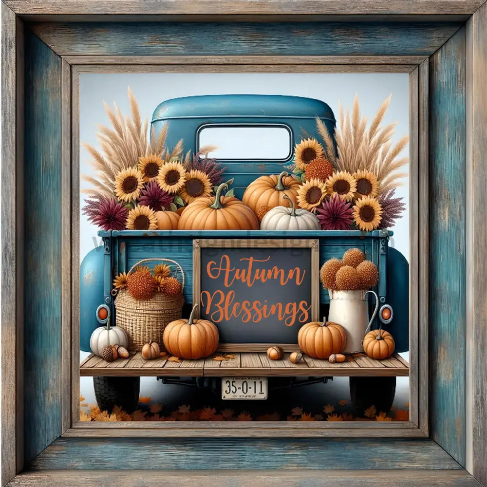 Autumn Blessings Pumpkin Truck Metal Wreath Sign 10’