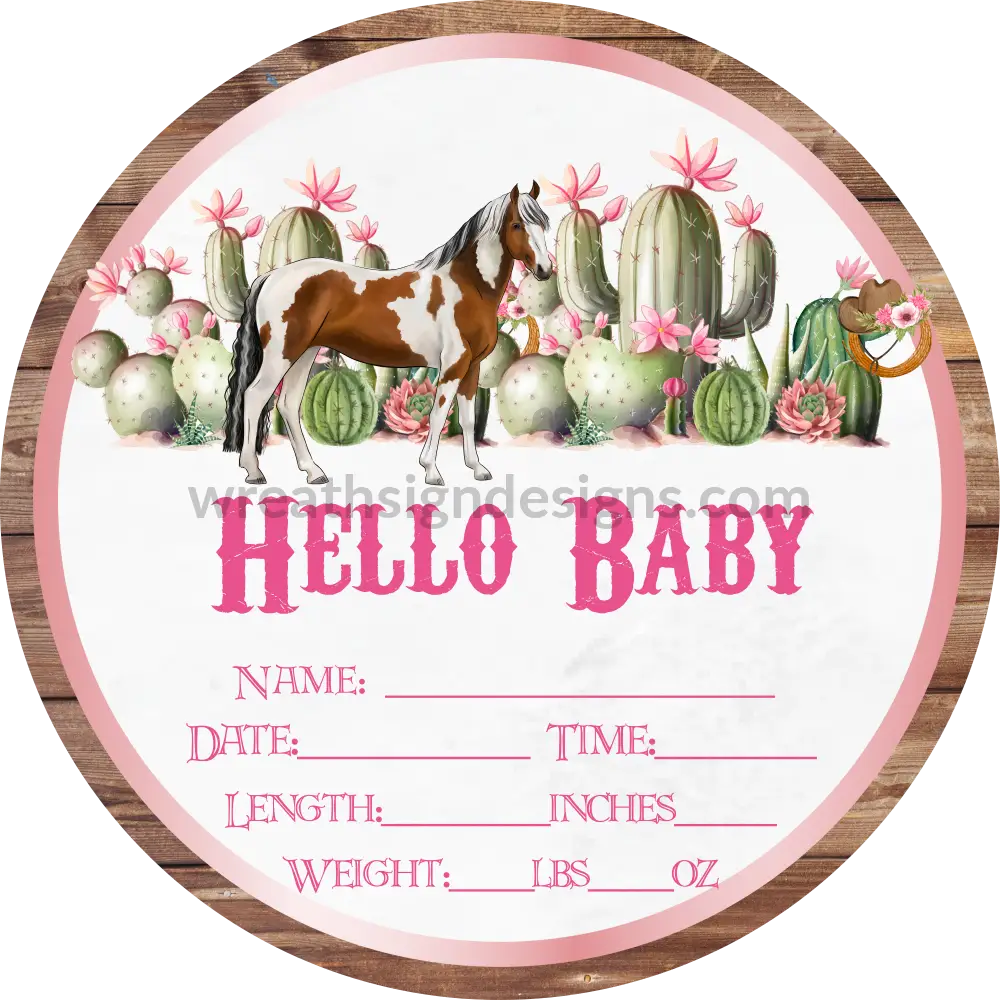 Baby Announcement Sign: Hello Horse And Cactus Cowgirl Theme Wreath Sign 8