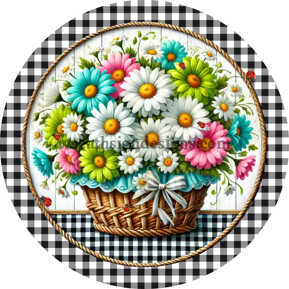 Basket Of Daisies Black Gingham And Ladybugs Metal Wreath Sign 8’’
