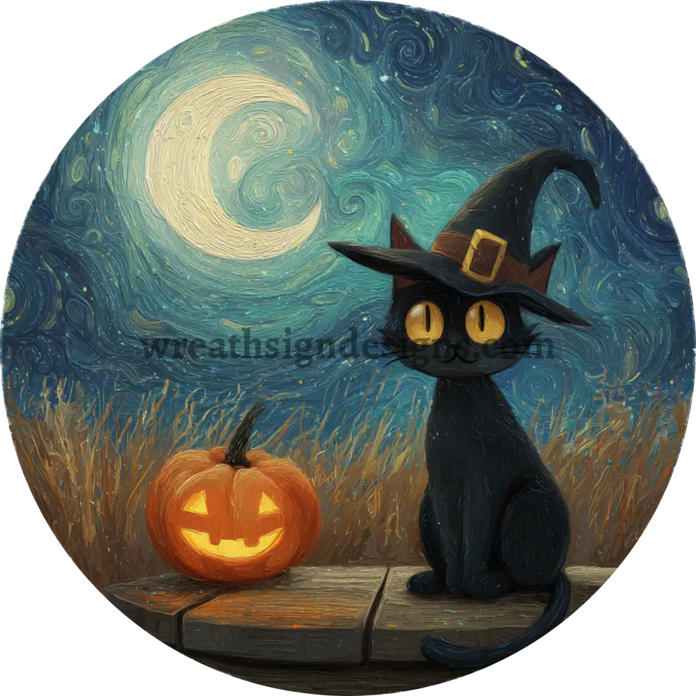 Black Cat and Jack O Lantern Round Halloween Pet Wreath Metal Sign - MS-1234