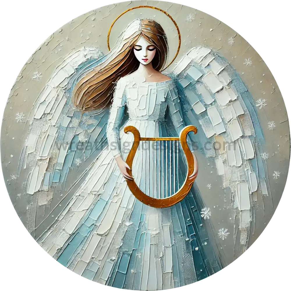 Blue Angel With Harp #5 Round Metal Wreath Sign 10’’ Decor