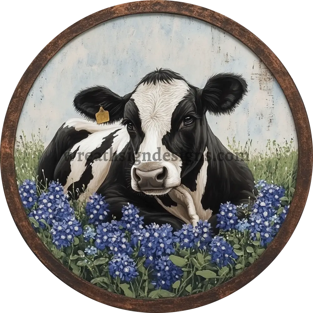 Blue Bonnet Black and white Cow Metal Wreath Sign MS-1134 10’’