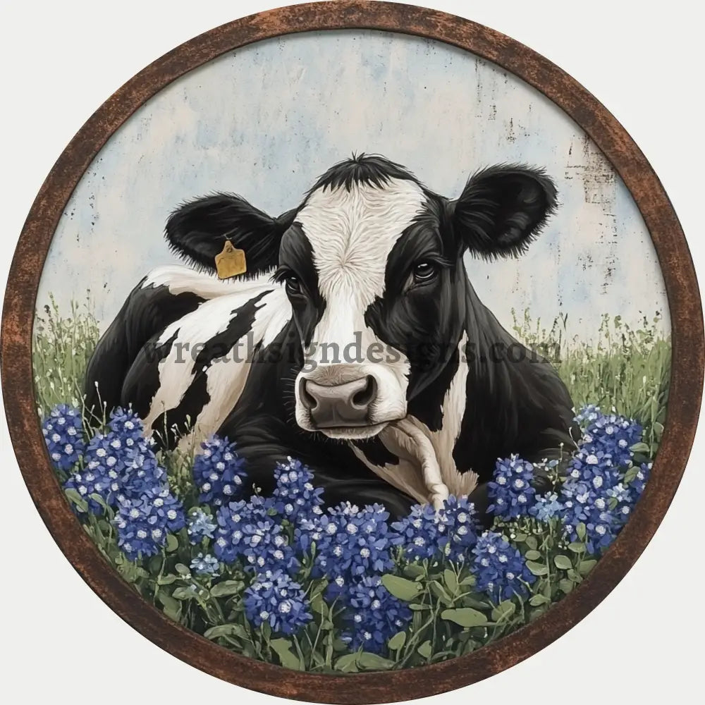 Blue Bonnet Black and white Cow Metal Wreath Sign MS-1134