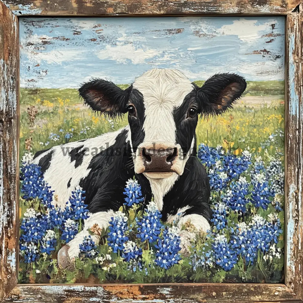 Blue Bonnet Cow Round Wreath Sign MS-1132 8’’