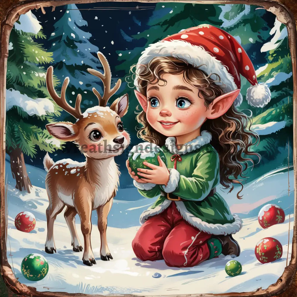 Christmas Elf and Winter Deer Metal Christmas Wreath Sign MS-1585 8’’