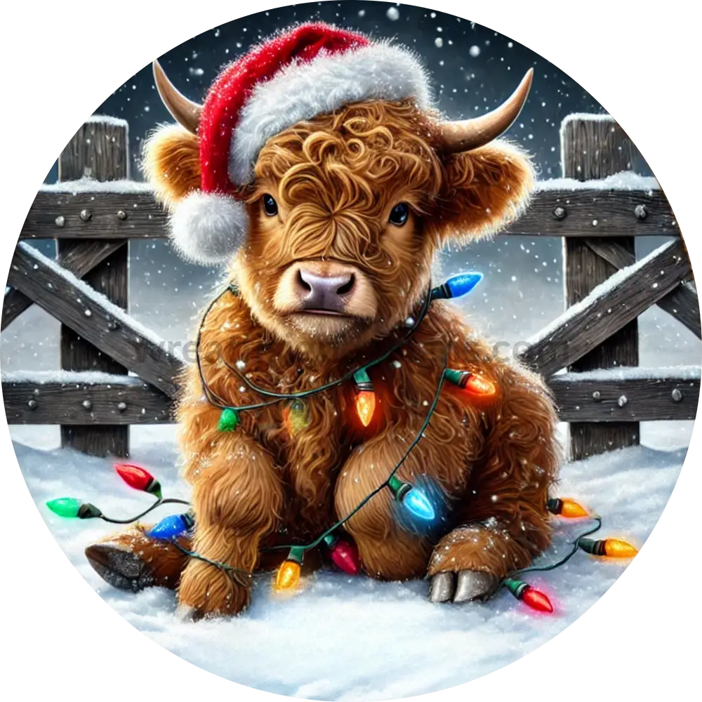 Christmas Lights Highland Cow Sign- Wreath Sign 8’’
