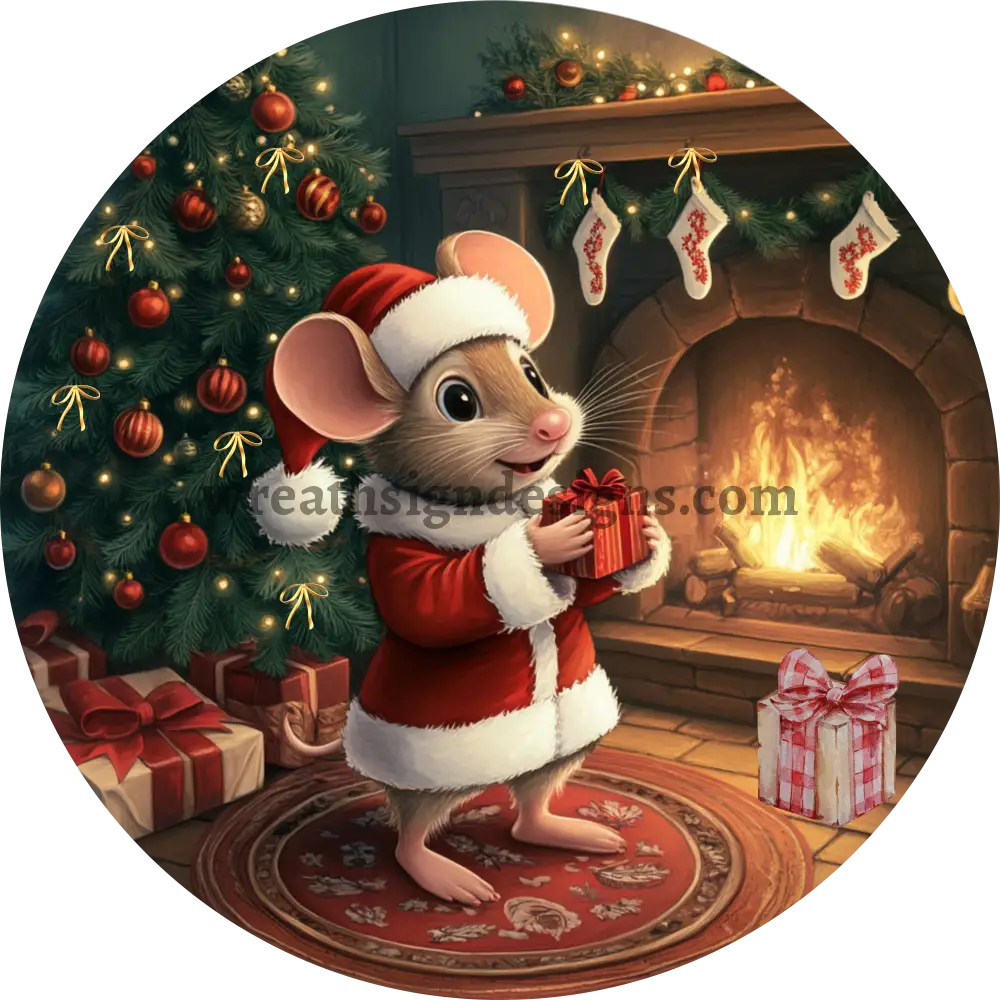 Christmas santa mouse -Round Christmas Metal Signs MS-1247 8’’