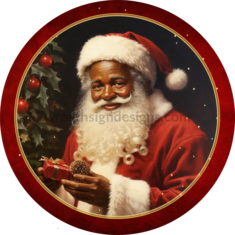 Classic Santa Christmas With Gift Round Wreath Sign 6