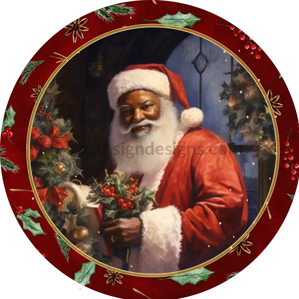 Classic Santa Christmas With Holly Berries Round Wreath Sign 6
