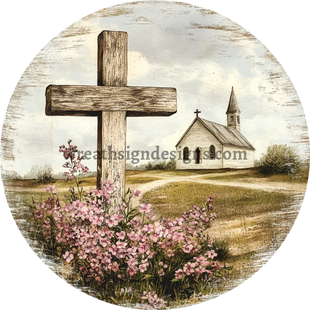 Country Church And Cross Rustic Metal Christian Wreath Sign 8’’