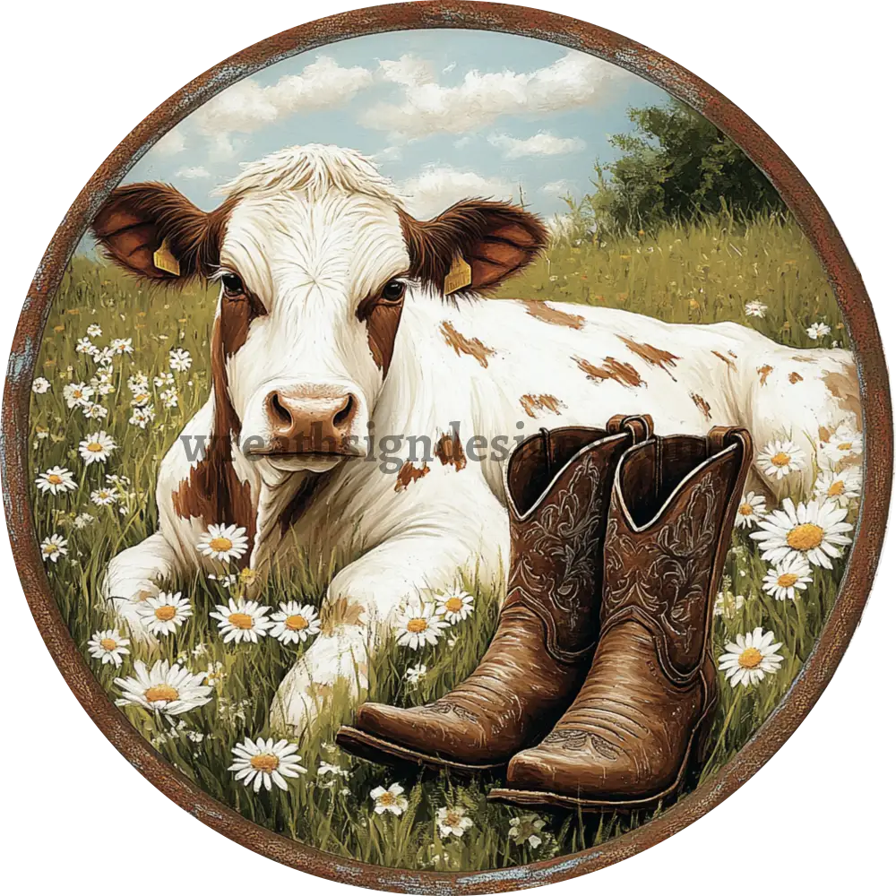 Cow and Boots in Daisies- Metal wreath Sign MS-1128 6’’
