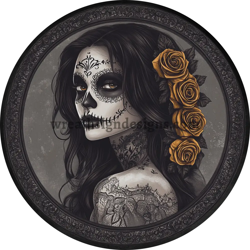 dio de los muertos Black and gold roses Halloween Wreath Sign Metal MS-1360 11.75’’