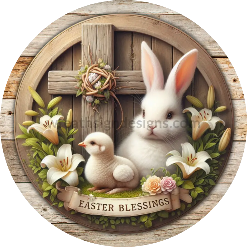 Easter Blessings Bunny And Chick At The Cross With Lilies Metal Wreath Sign 6