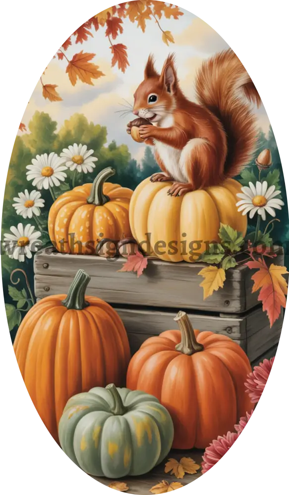 Fall squirrel and pumpkins Oval Metal Wreath Sign MS-1405 12x6 metal sign