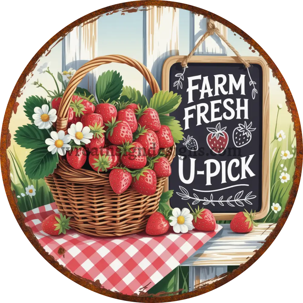 Farm Fresh Strawberries Basket u-pick Metal Wreath Sign MS-1306 6’’