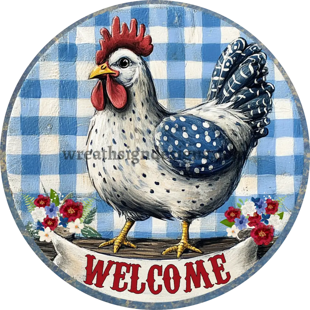 Farmhouse Patriotic Rooster Wreath Sign – Metal Chicken Welcome Sign – Red White Blue Barn Decor – Sublimation Aluminum