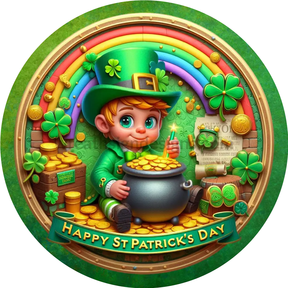 Faux 3D Leprechaun And His Pot Of Gold- Round Metal Sign 6