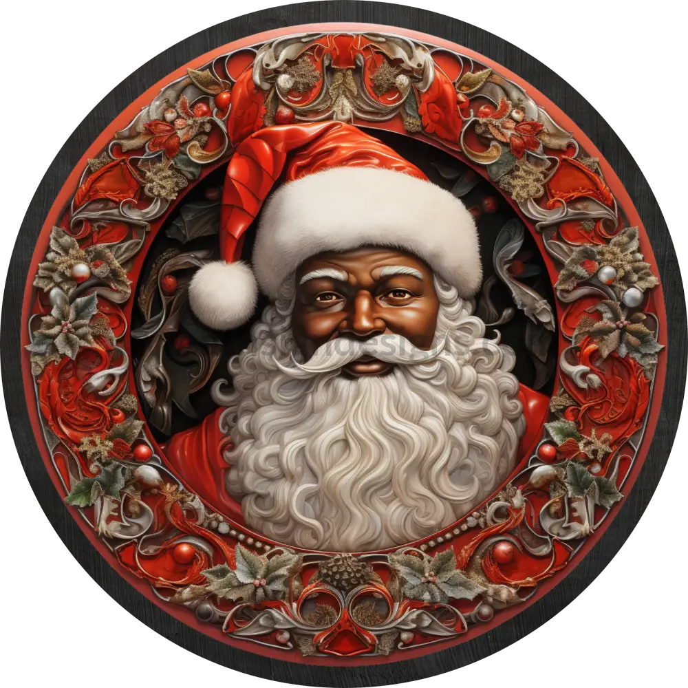 3D African American Santa Christmas Round Wreath Sign 6