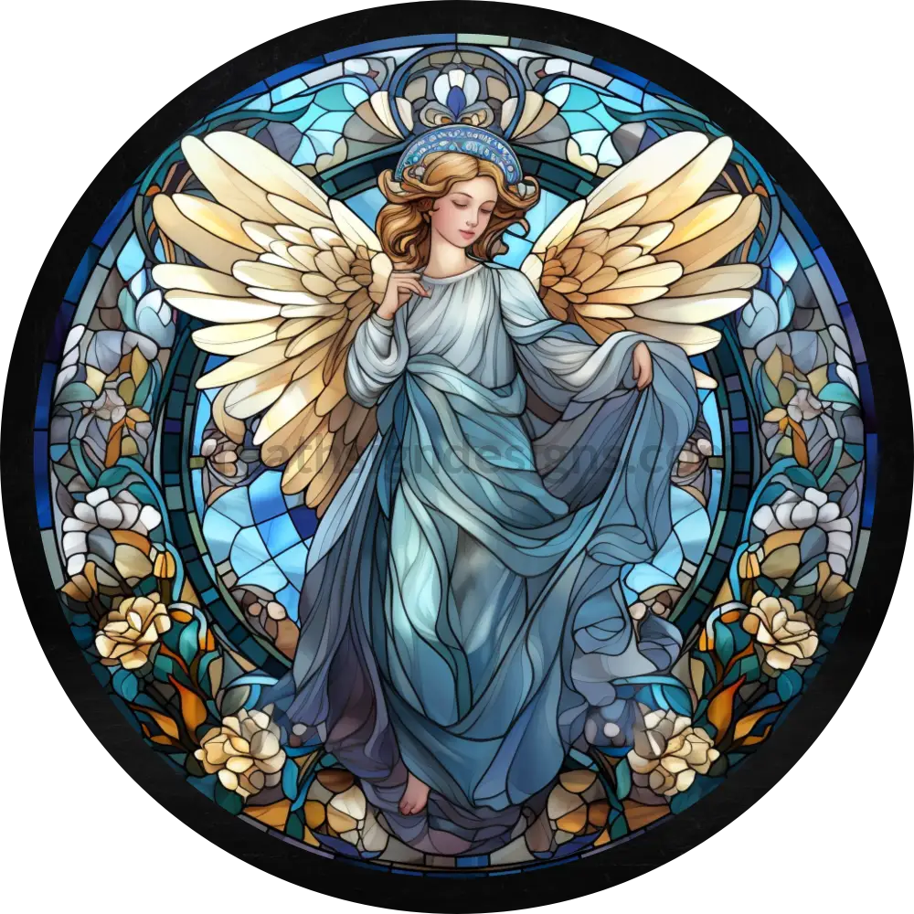 Faux Stained Glass Christmas Angel Blue- Round Metal Christmas Sign 8
