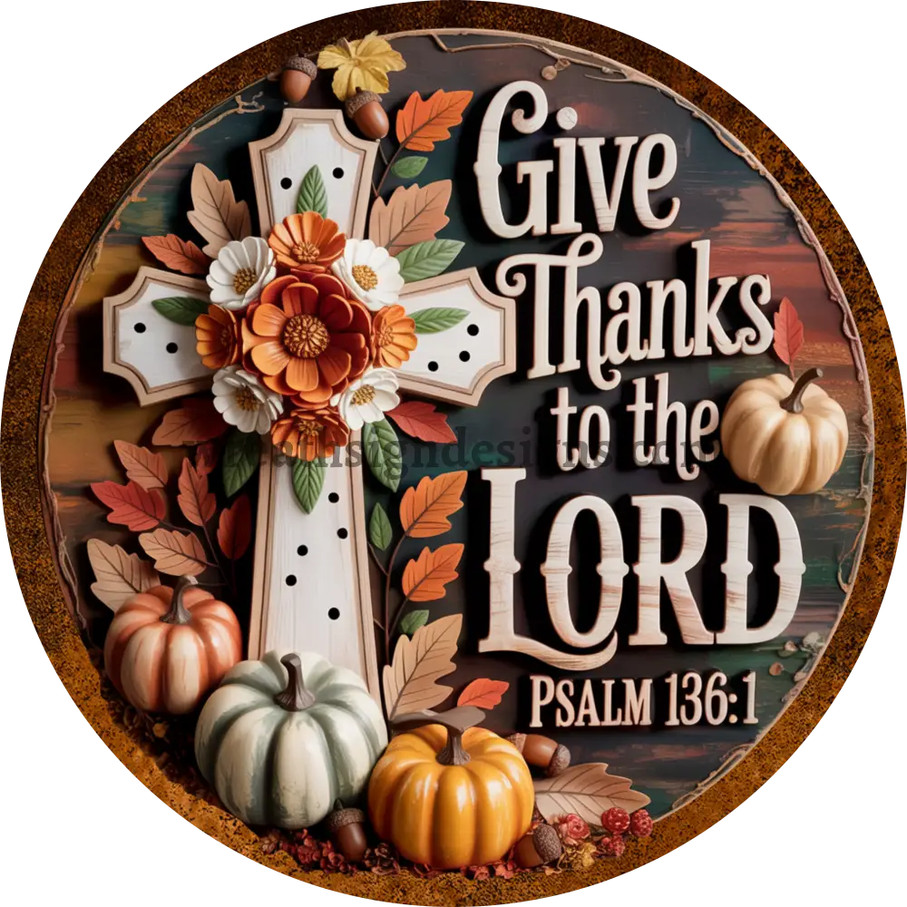 Give Thanks to the Lord Fall Pumpkin cross Faith Based Christian Fall wreath sign MS-1414 11.75’’