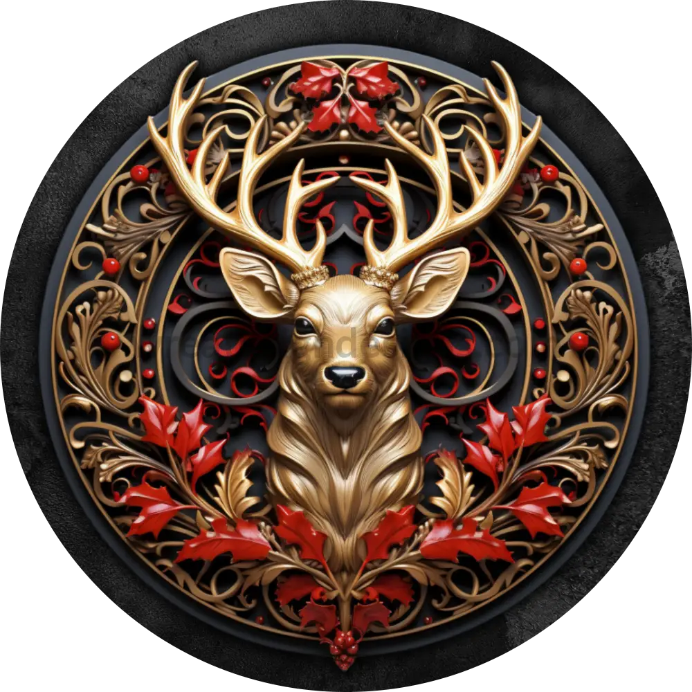 Gold Stag With Red Holly Winter Reindeer Wreath Sign 6’