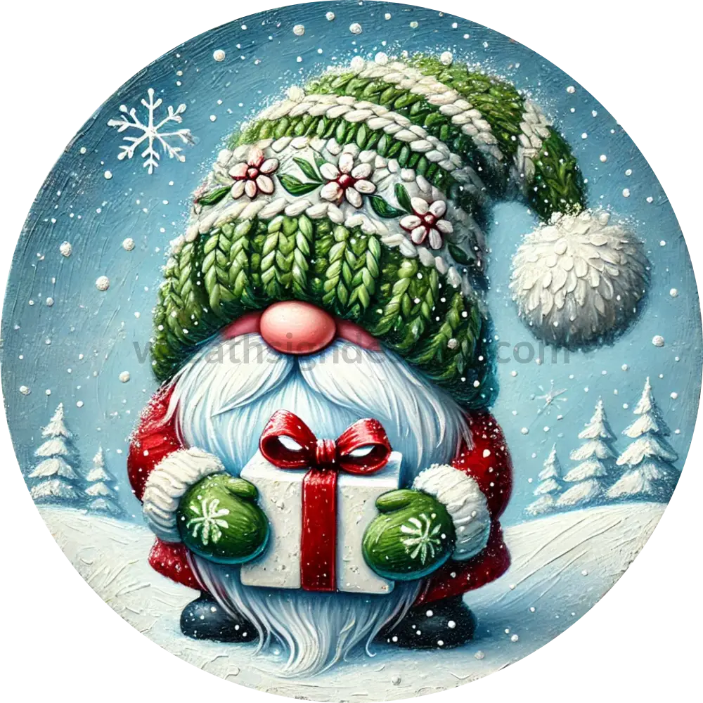 Green Red Winter Christmas Gnome- Metal Winter Wreath Sign 6’’