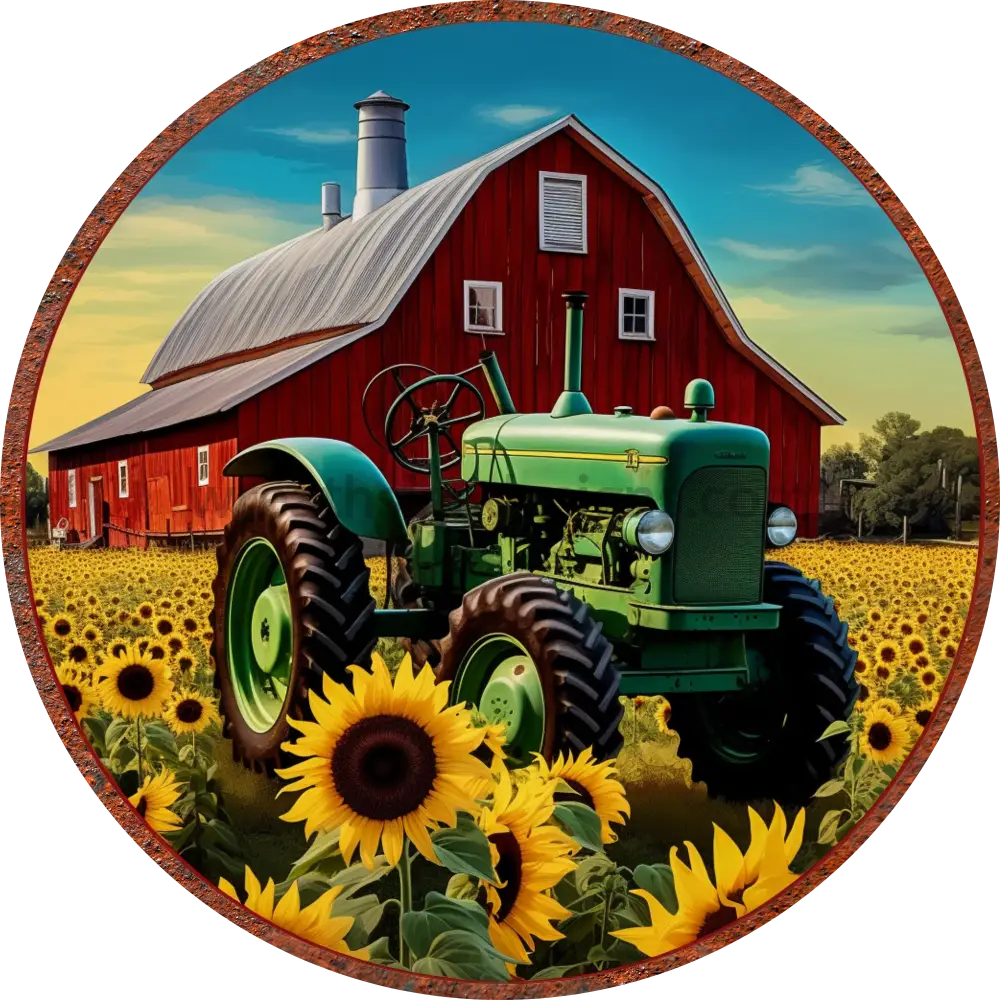 Green Tractor and Red Barn Farm with Sunflowers Metal Wreath Sign