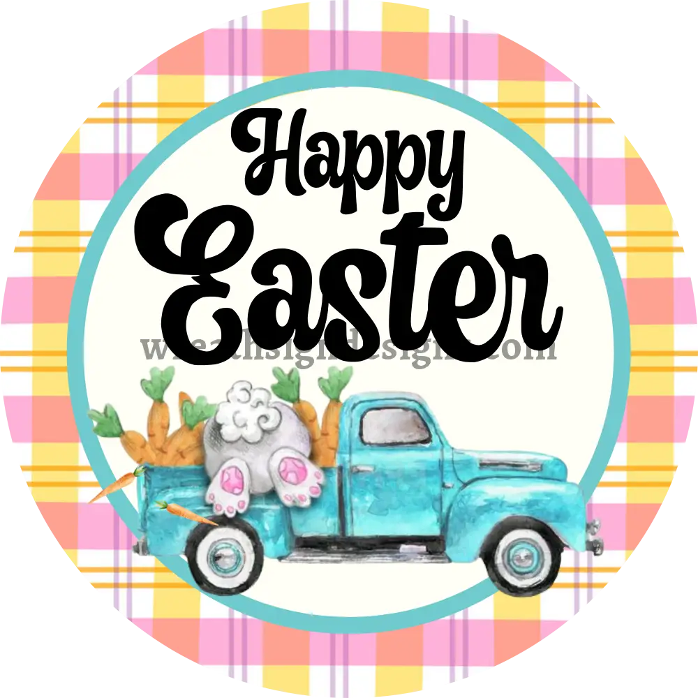 Happy Easter Bunny Truck Circle With Pink And Orange Plaid-Metal Sign 8