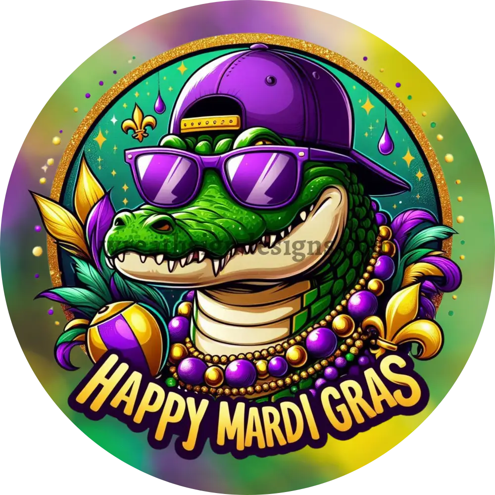 Happy Mardi Gras Gator Nola Purple And Gold Metal Wreath Sign 8’’