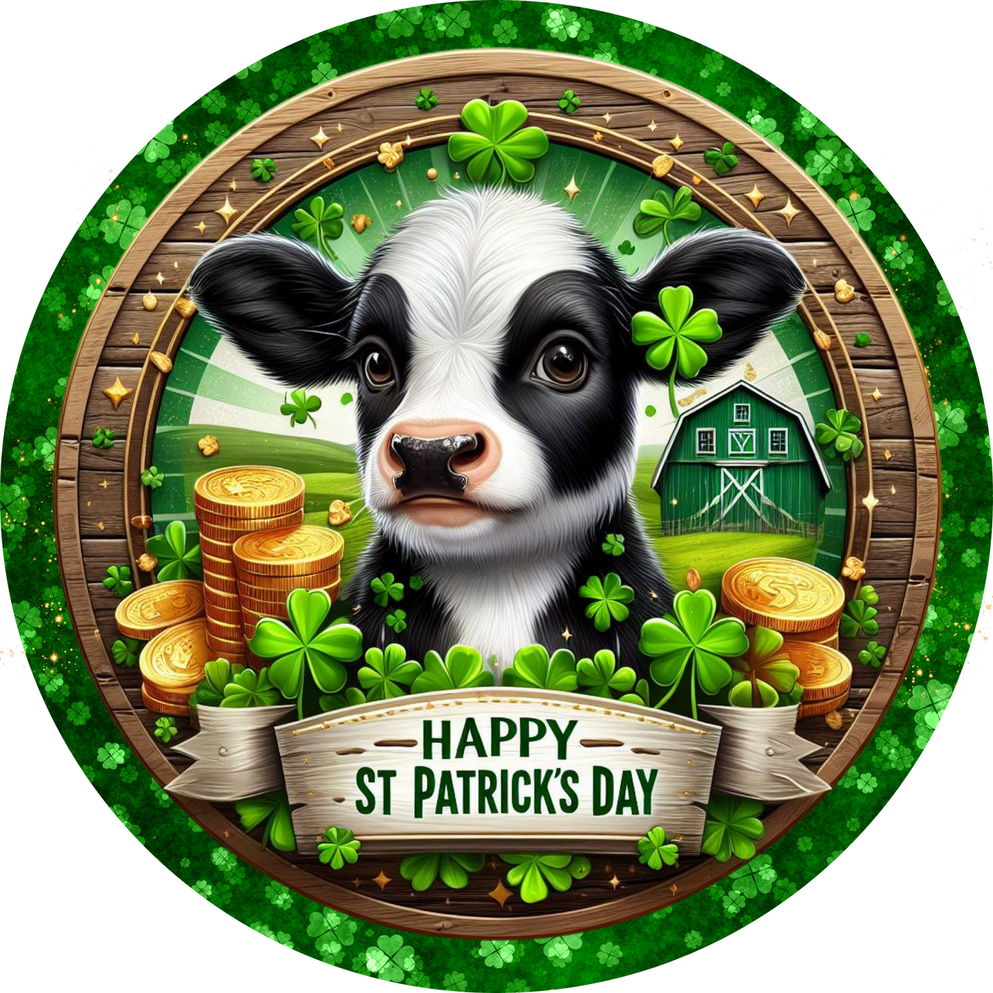 Happy St Patricks Day Cow Round Metal Sign