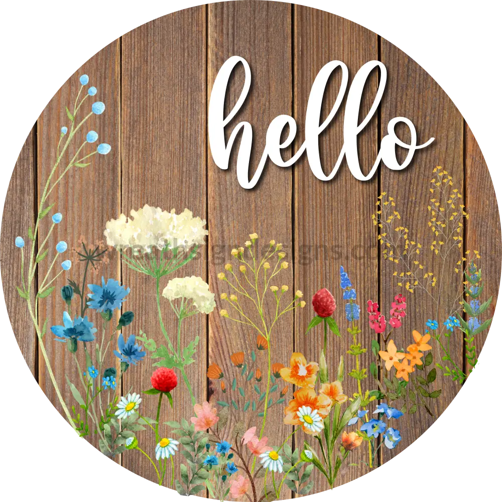 Hello - Floral Wildflowers Round Metal Wreath Sign 8