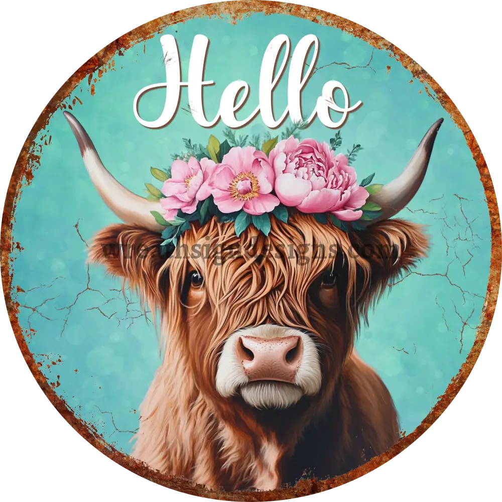Hello Highland Cow & Peonies Teal And Pink - Metal Wreath Sign Ms-1041 6’’
